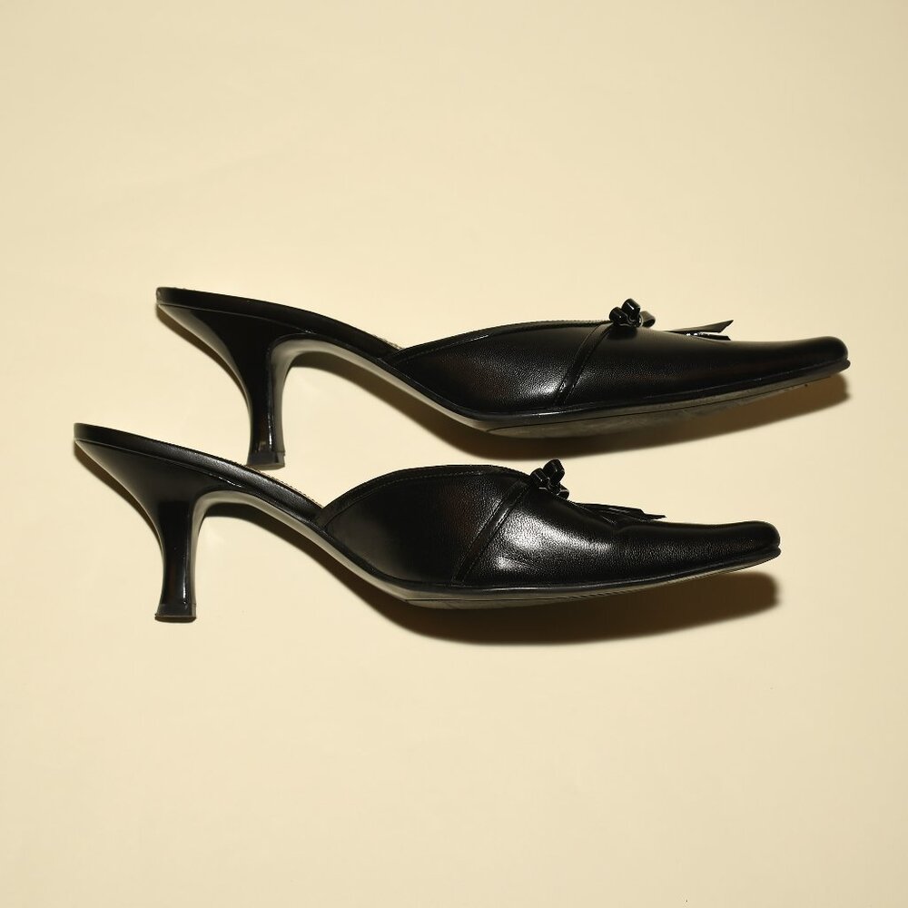 Naturalizer Black Leather Mule Heels Bow 9.5M 2.5” Kitten Heel - Picture 4 of 7